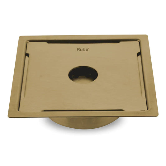 Diamond Square Flat Cut Floor Drain in Yellow Gold PVD Coating (5 x 5 Inches) with Hole
