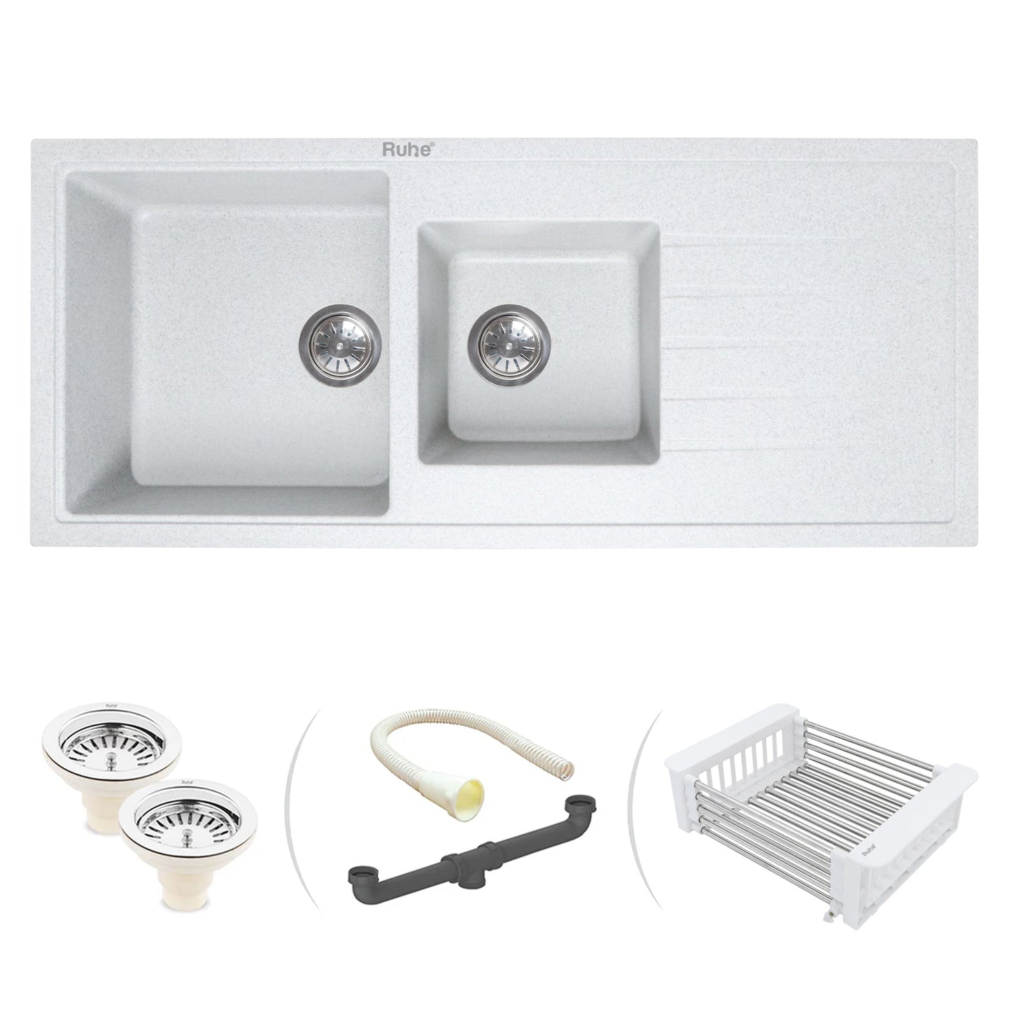 Quartz Double Bowl with Drainboard Kitchen Sink (45 x 20 x 9 inches)