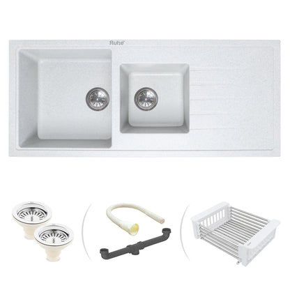 Quartz Double Bowl with Drainboard Kitchen Sink (45 x 20 x 9 inches)