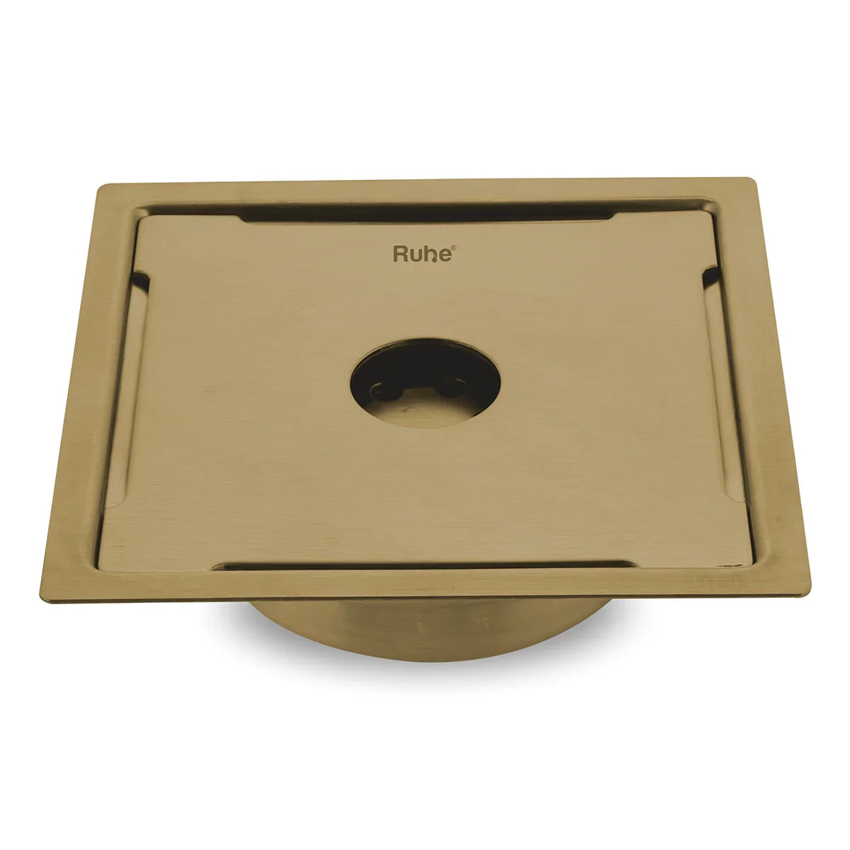 Diamond Square Flat Cut Floor Drain in Yellow Gold PVD Coating (6 x 6 Inches) with Hole