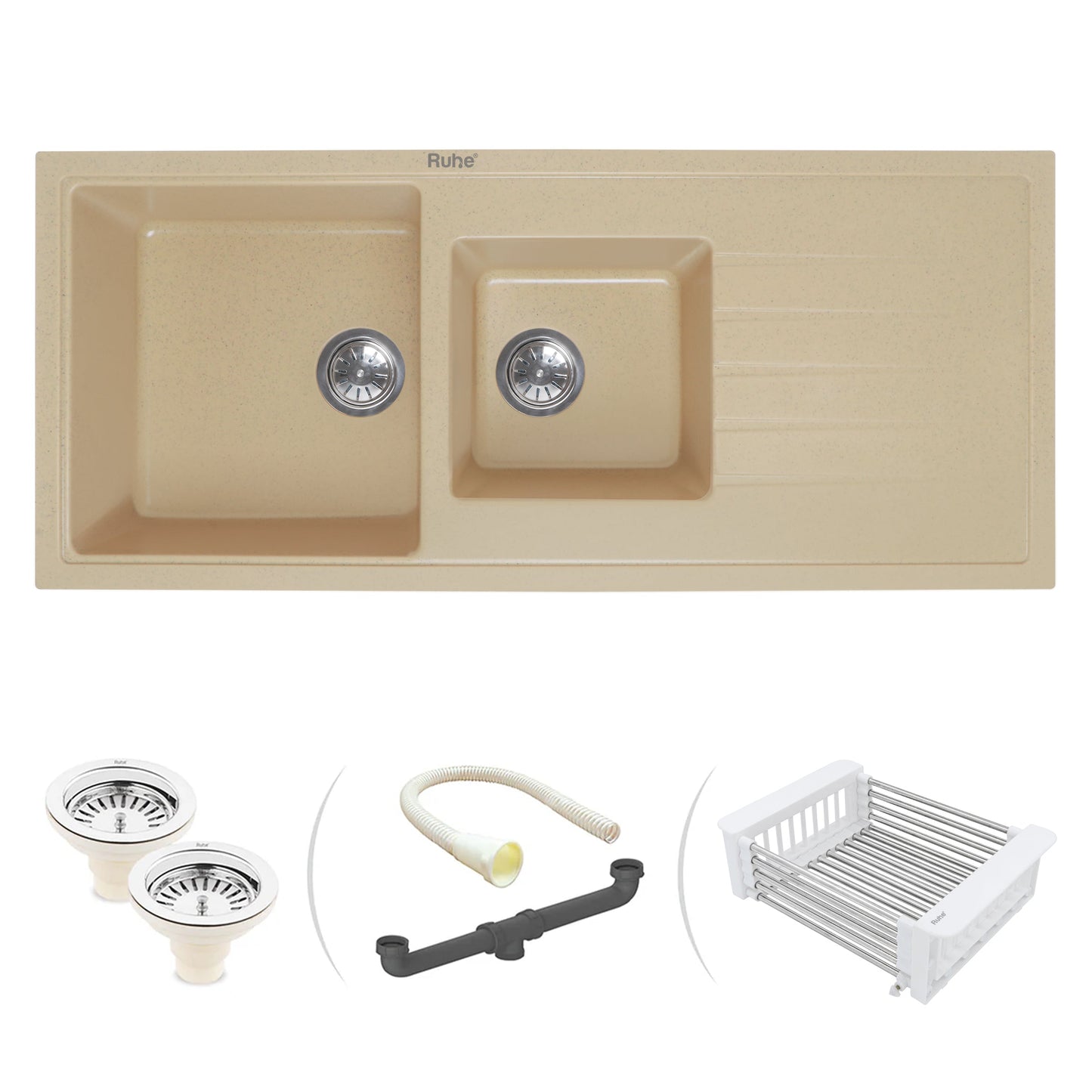 Quartz Double Bowl with Drainboard Kitchen Sink (45 x 20 x 9 inches)