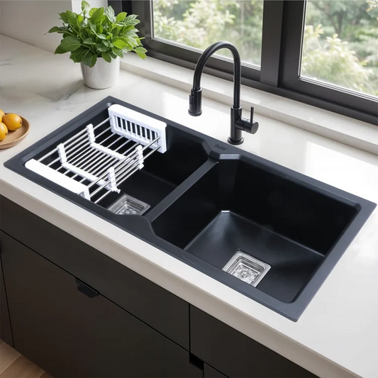 Quartz Double Bowl Black Kitchen Sink (37 x 18 x 9 Inches)