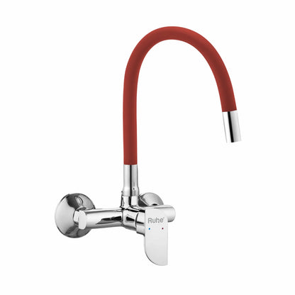Pristine Single Lever Wall-mount Kitchen Sink Mixer Tap with Red Silicone Spout - by Ruhe