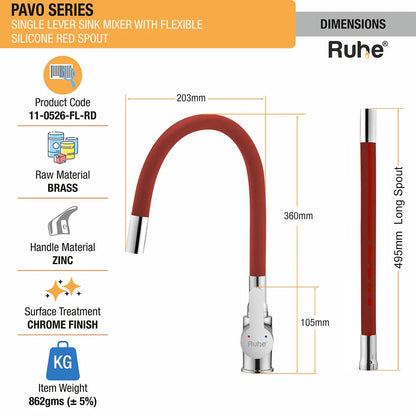Pavo Single Lever Sink Mixer Faucet with Silicone Red Flexible Spout dimensions and sizes