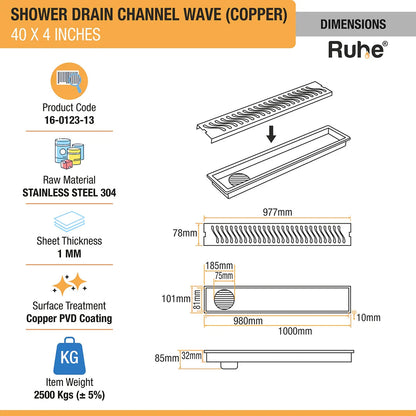 Wave Shower Drain Channel (40 x 4 Inches) Antique Copper PVD Coated - by Ruhe