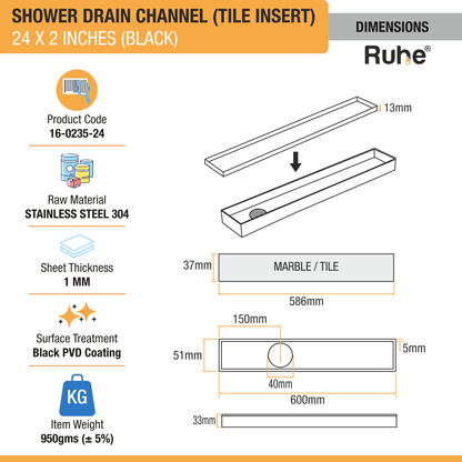 Tile-Insert Shower Drain Channel Coloured (2 Inches)