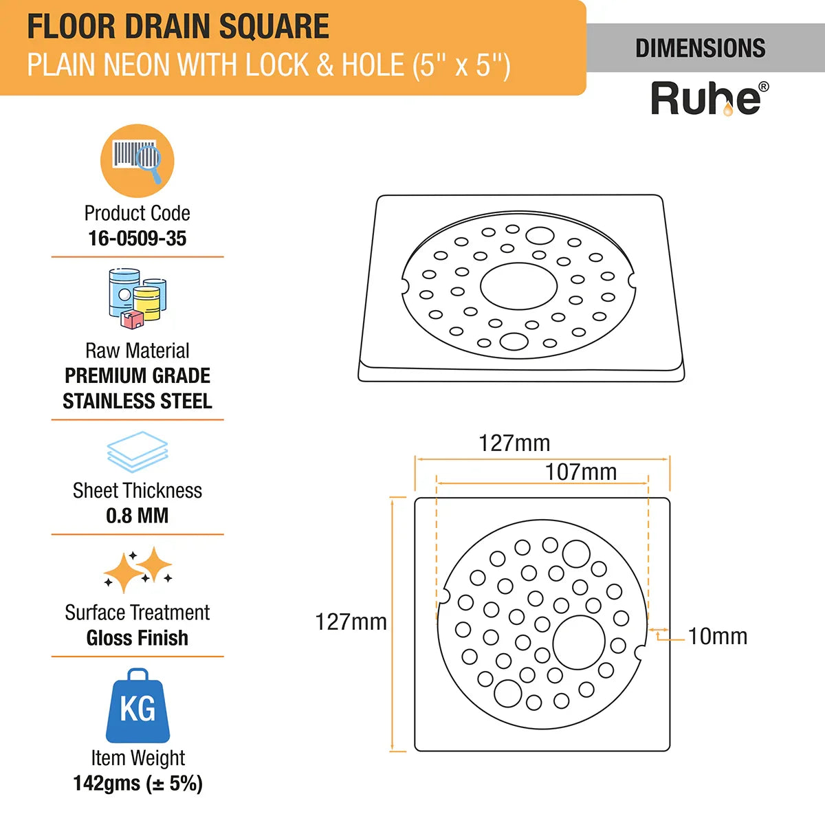Plain Neon with Collar Square Floor Drain (5 x 5 inches) with Lock and Hole dimensions and size