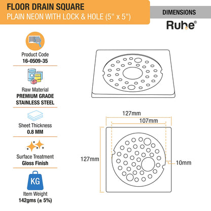 Plain Neon with Collar Square Floor Drain (5 x 5 inches) with Lock and Hole dimensions and size