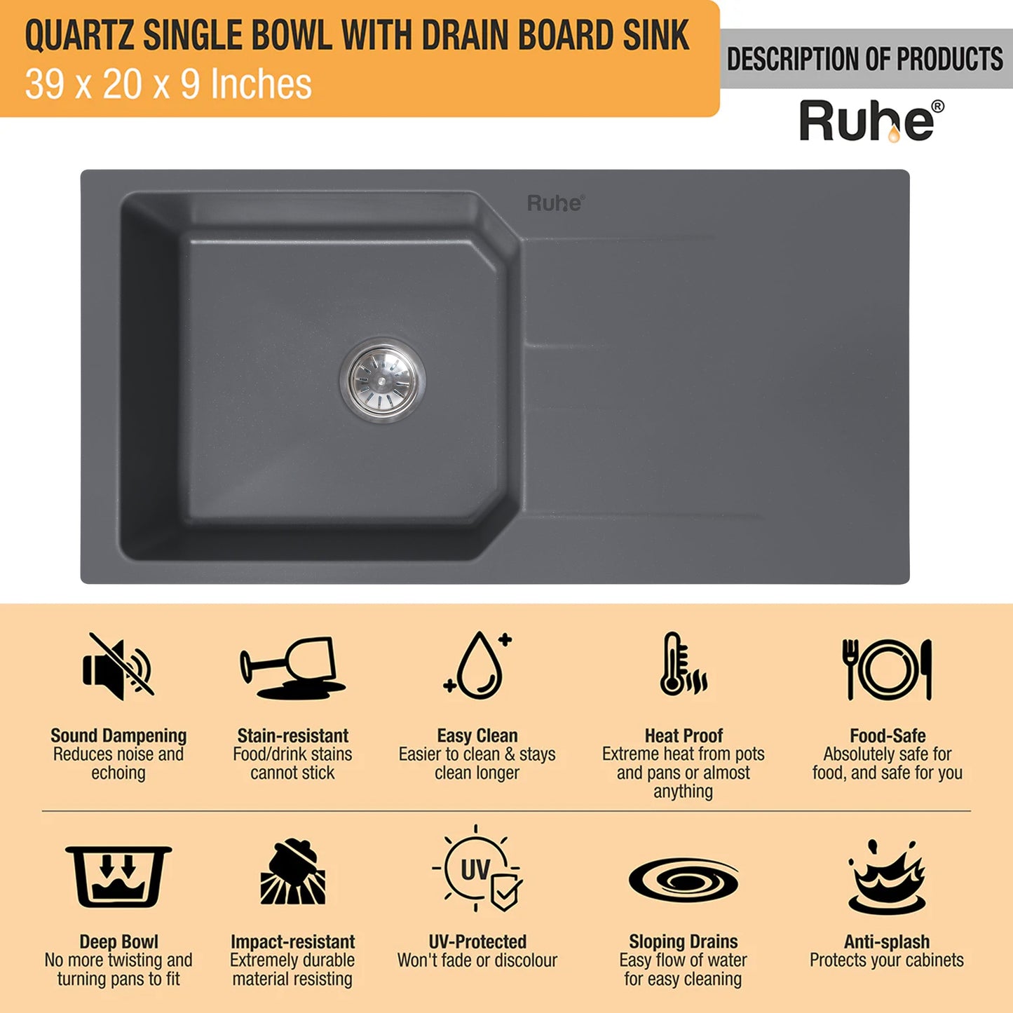 Quartz Single Bowl with Drainboard Kitchen Sink (39 x 20 x 9 Inches)