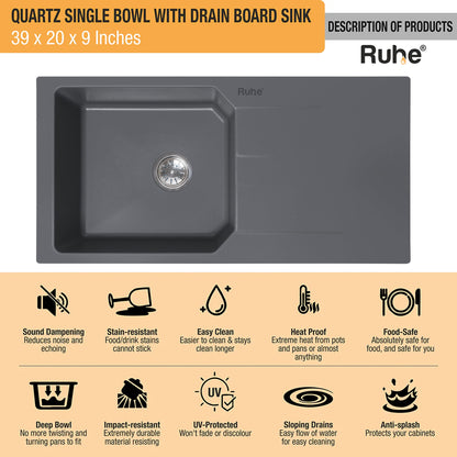 Quartz Single Bowl with Drainboard Kitchen Sink (39 x 20 x 9 Inches)