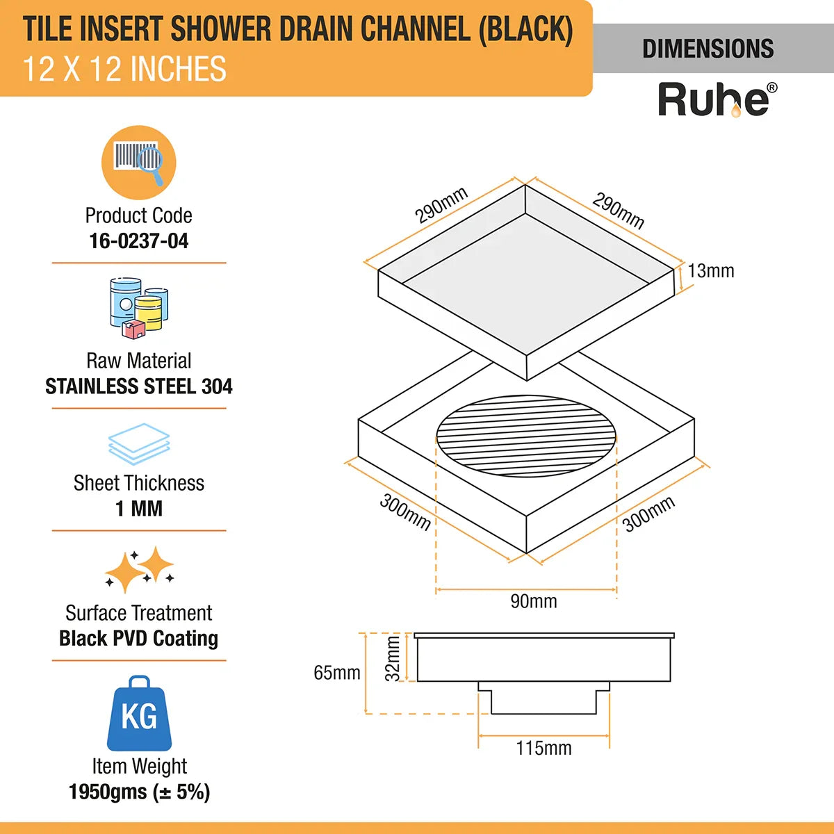 Tile-Insert Shower Drain Channel (12 x 12 Inches)