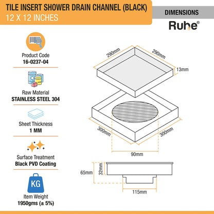 Tile-Insert Shower Drain Channel (12 x 12 Inches)