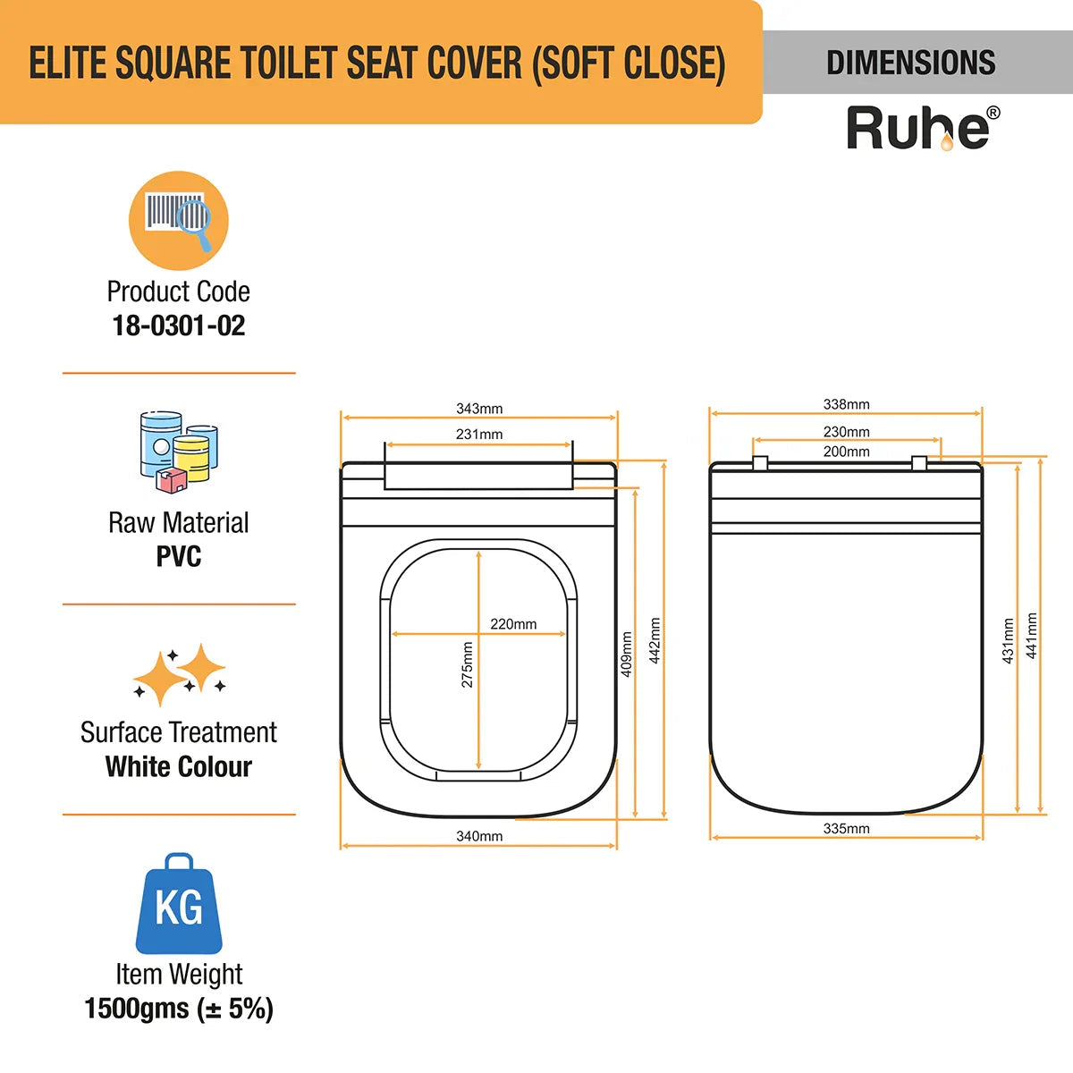 Elite Square Toilet Seat Cover (Soft Close) dimensions and sizes
