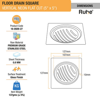 Vertical Neon Floor Drain Square Flat Cut (5 x 5 Inches) dimensions and size