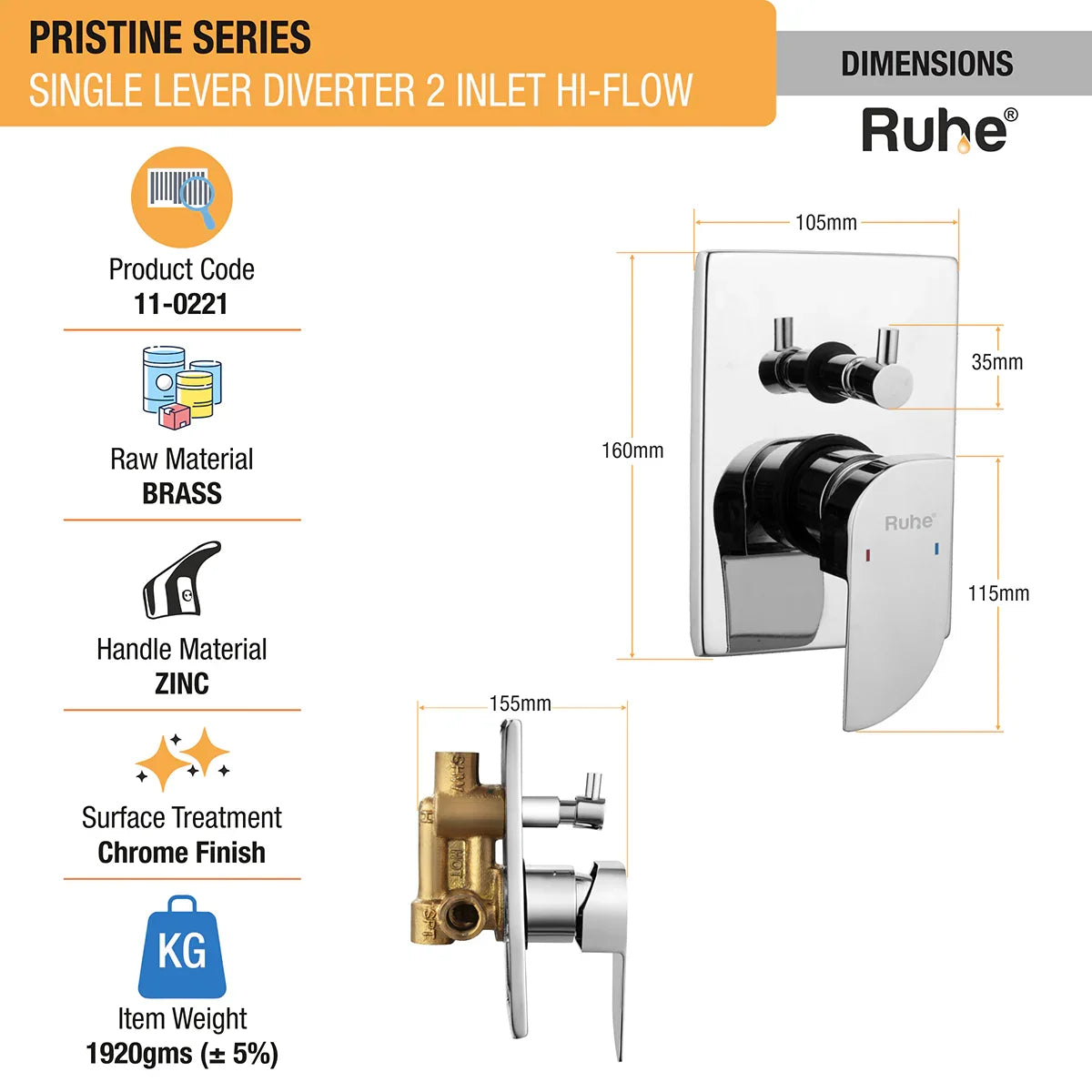 Pristine Single Lever 2-inlet High-Flow Diverter (Complete Set) - by Ruhe