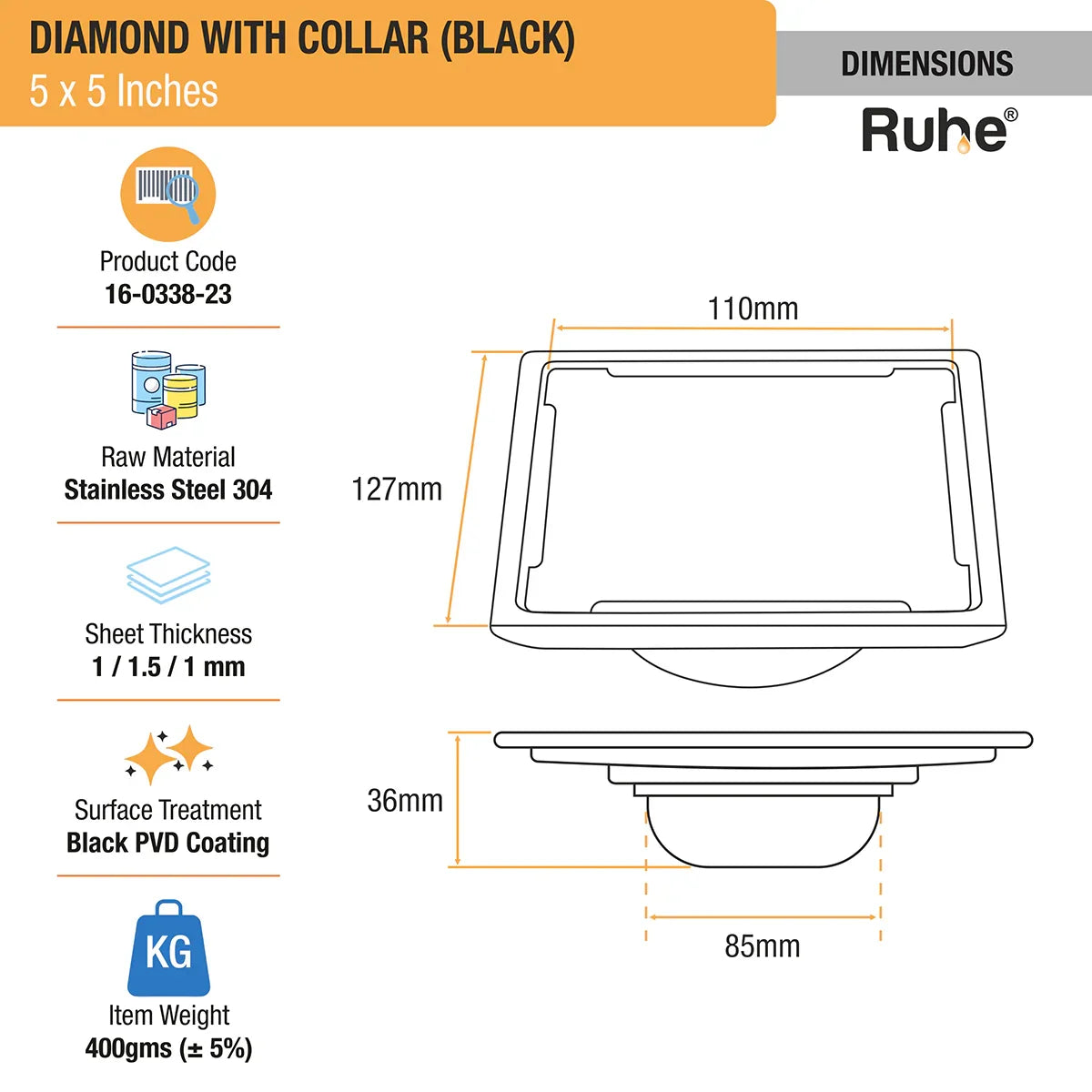 Diamond Square 304-Grade Floor Drain in Black PVD Coating (5 x 5 Inches) dimensions and sizes