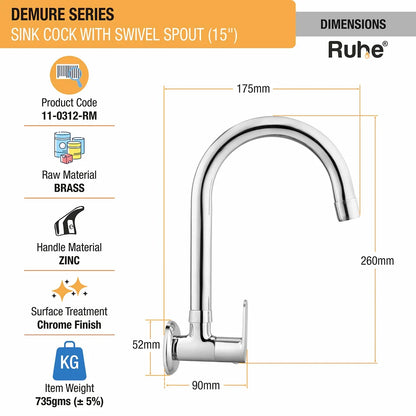 Demure Wall Mount Kitchen Sink Tap with Swivel Spout