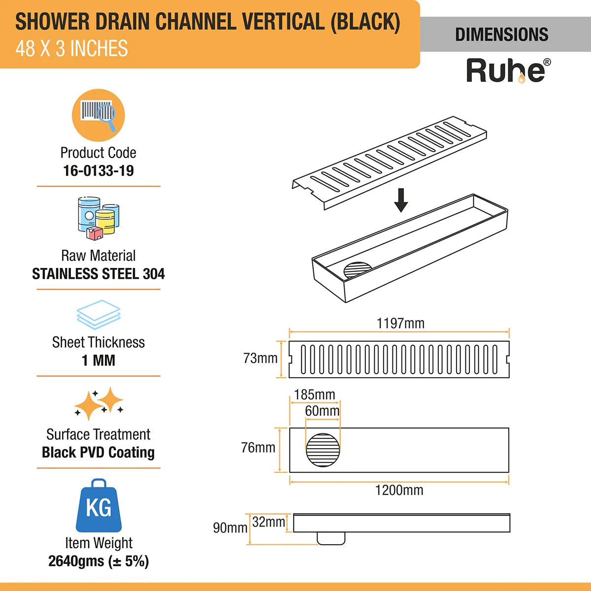 Vertical Shower Drain Channel (48 x 3 Inches) Black PVD Coated dimensions and sizes