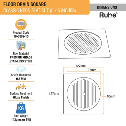 Classic Neon Square Flat Cut Floor Drain (5 x 5 inches) dimensions and size