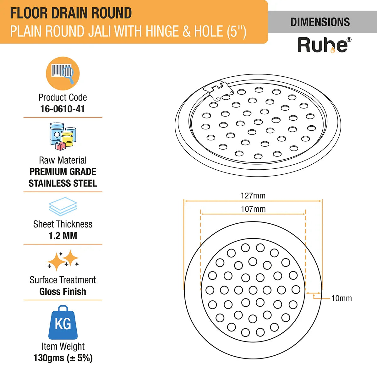 Plain Round Jali Floor Drain (5 Inches) with Hinged Grating Top & Hole (Pack of 2) - by Ruhe