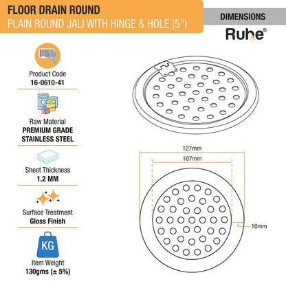 Plain Round Jali Floor Drain (5 Inches) with Hinged Grating Top & Hole (Pack of 2) - by Ruhe