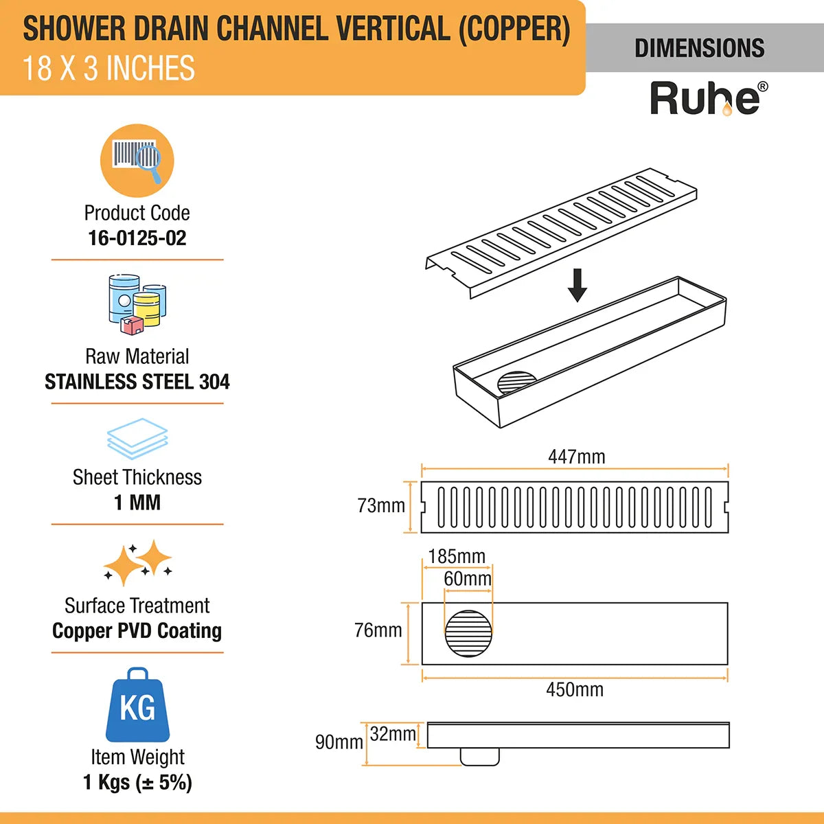 Vertical Shower Drain Channel (18 x 3 Inches) Antique Copper PVD Coated - by Ruhe