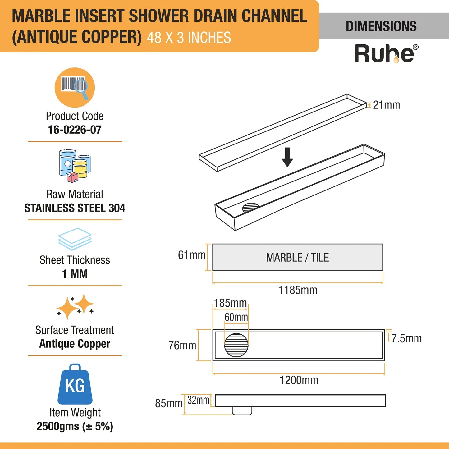 Marble-Insert Shower Drain Channel (3 Inches)