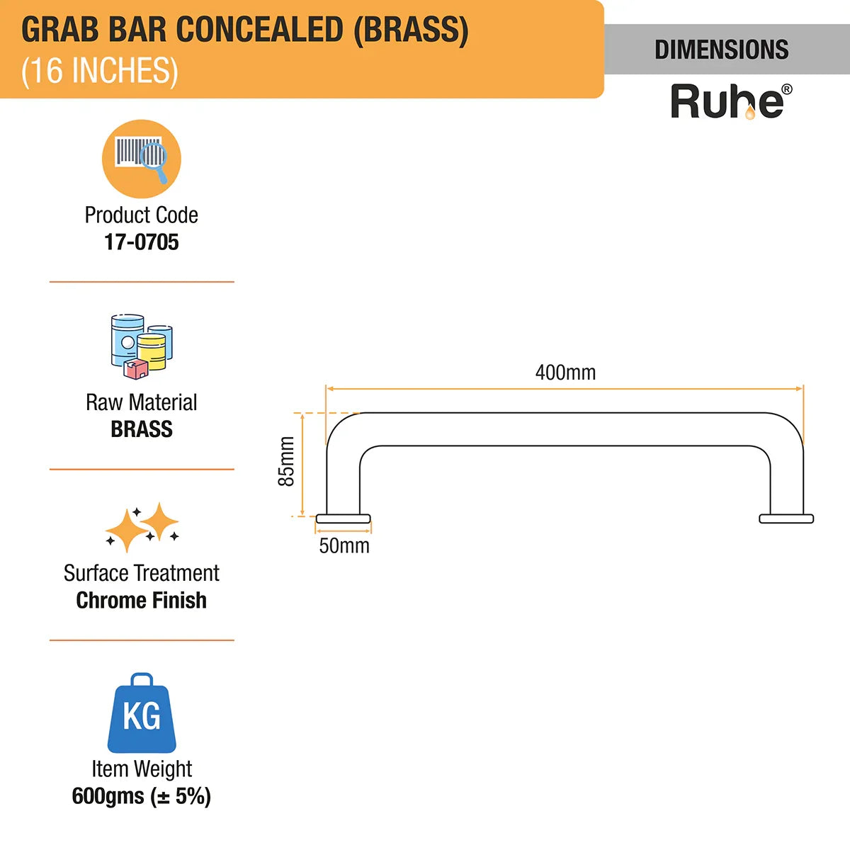 Brass Grab Bar Concealed (16 inches) dimensions and sizes