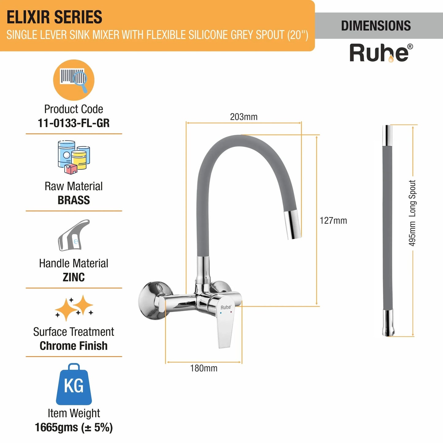 Elixir Single Lever Wall-mount Kitchen Sink Mixer Tap with Coloured Silicone Spout