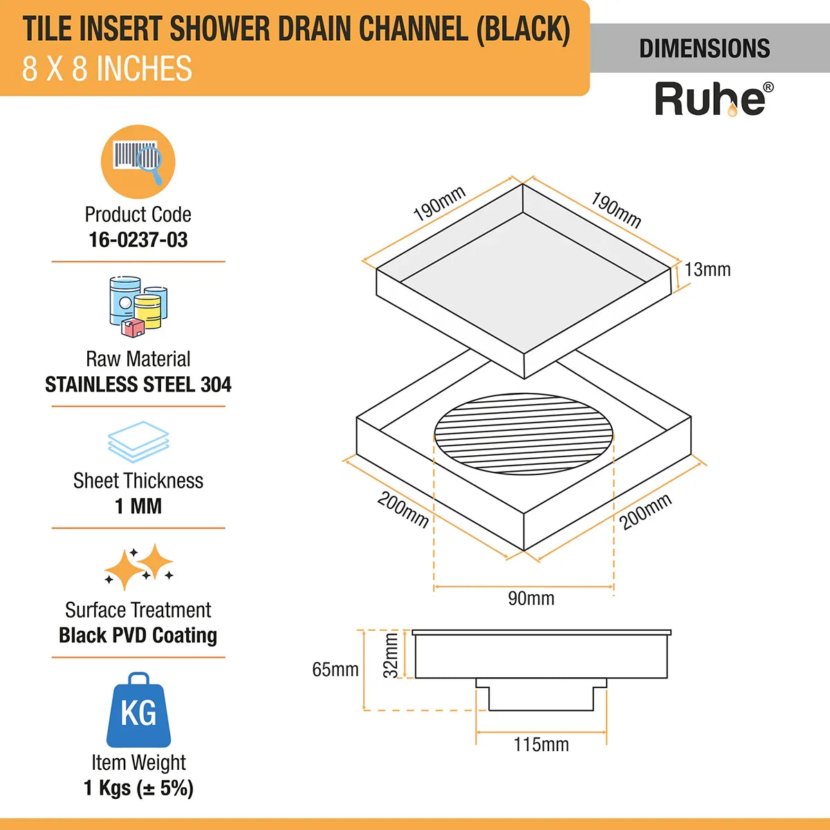 Tile-Insert Shower Drain Channel (8 x 8 Inches)