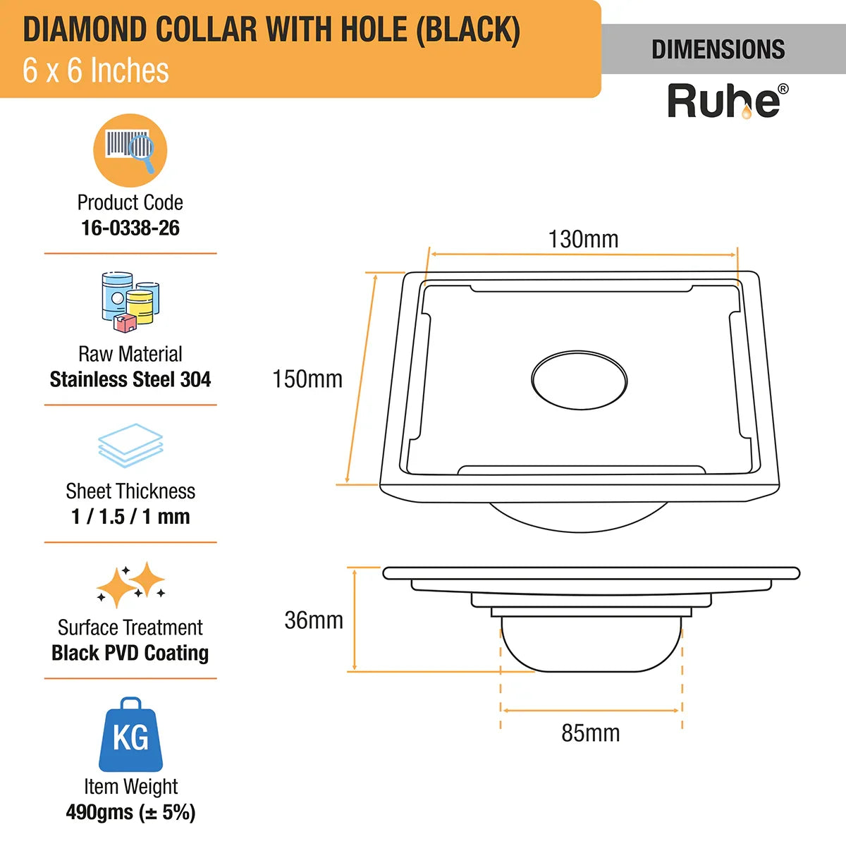 Diamond Square 304-Grade Floor Drain in Black PVD Coating (6 x 6 Inches) with Hole dimensions and sizes