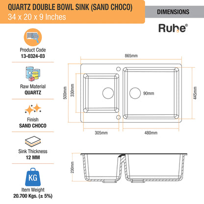 Quartz Double Bowl Kitchen Sink (34 x 20 x 9 inches)