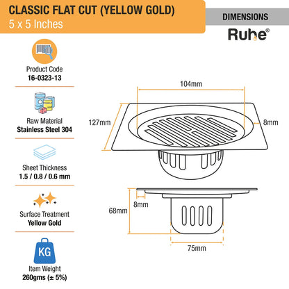 Classic Square Flat Cut Floor Drain in Yellow Gold PVD Coating (5 x 5 Inches) dimensions and sizes