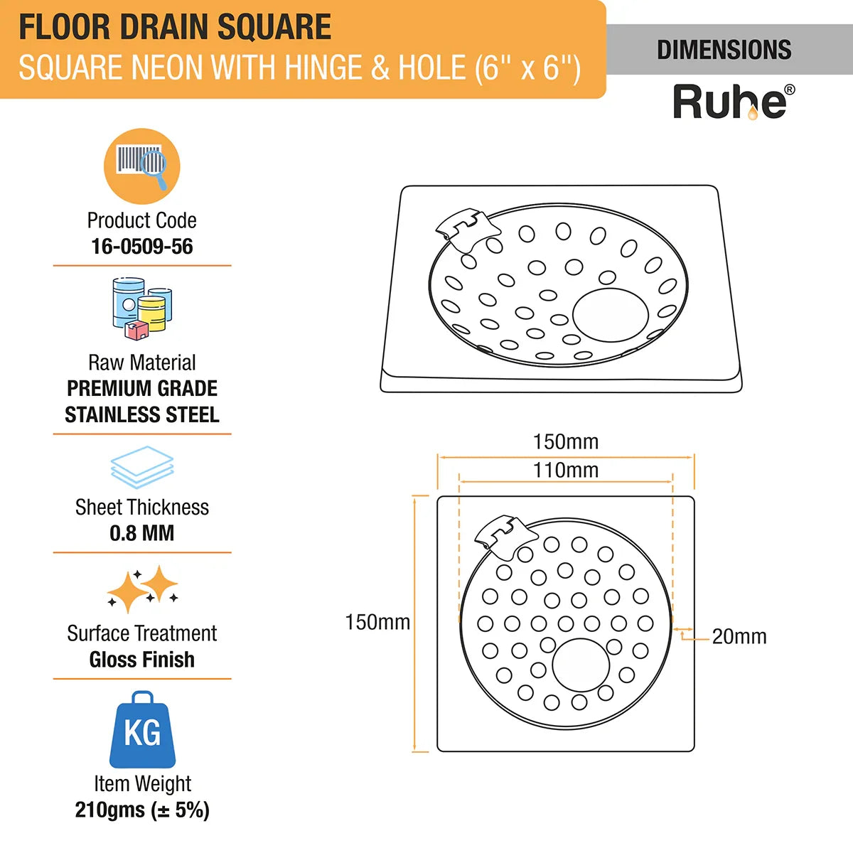 Square Neon Floor Drain (6 x 6 inches) with Hole and Hinged Grating Top dimensions and size