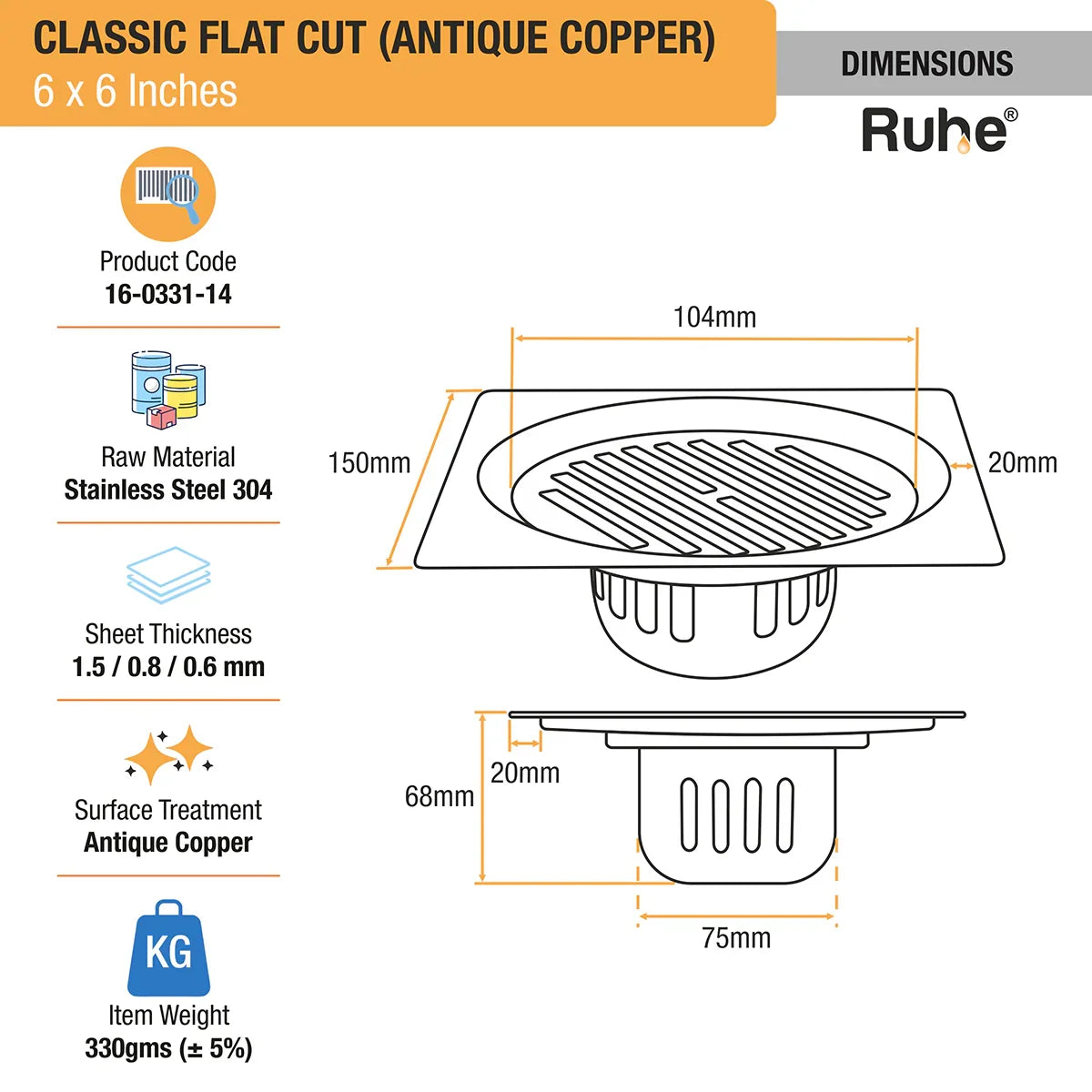Classic Square Flat Cut Floor Drain in Antique Copper PVD Coating (6 x 6 Inches) dimensions and sizes