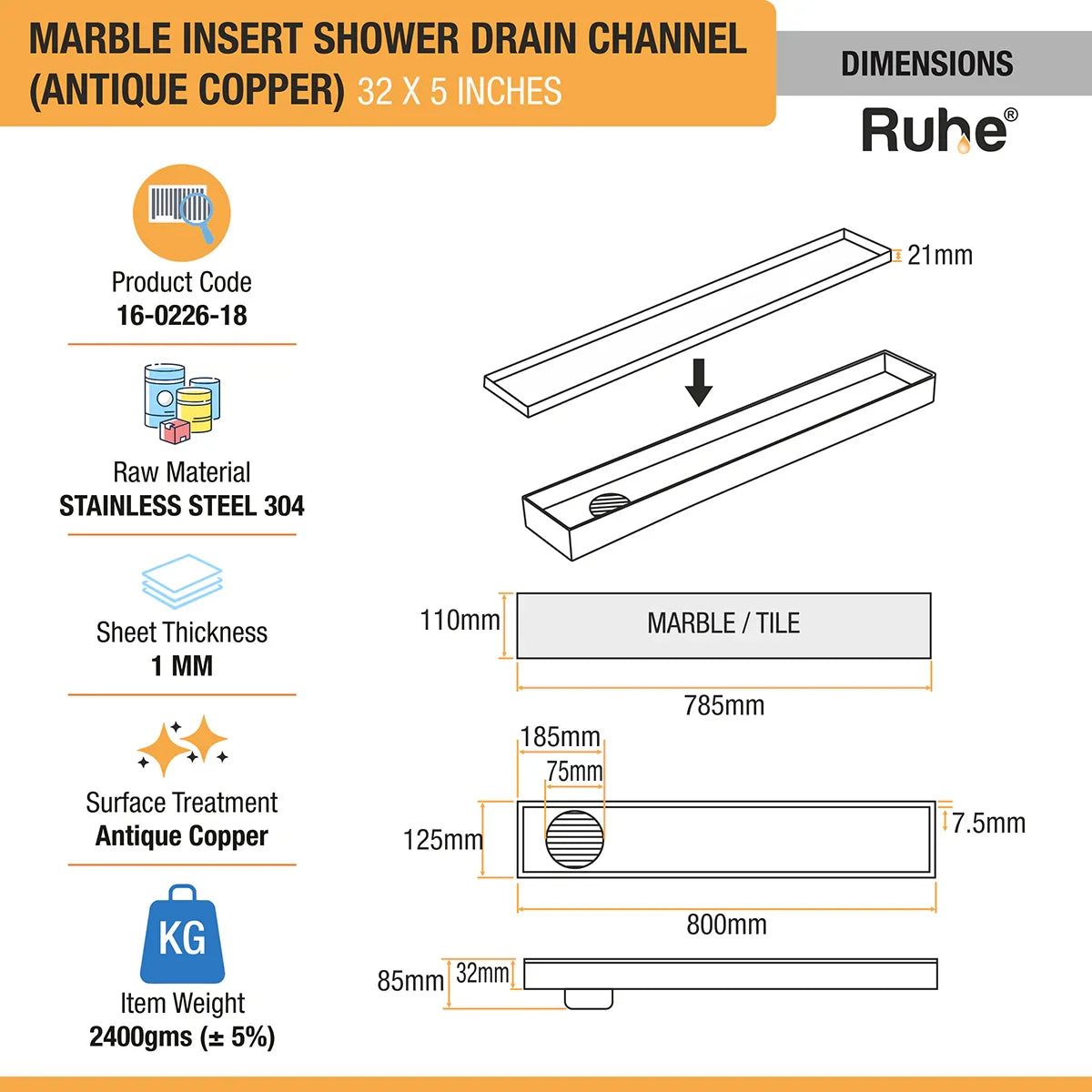 Marble-Insert Shower Drain Channel 5 inches