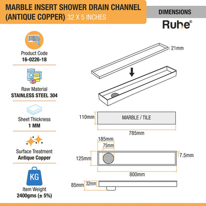 Marble-Insert Shower Drain Channel 5 inches