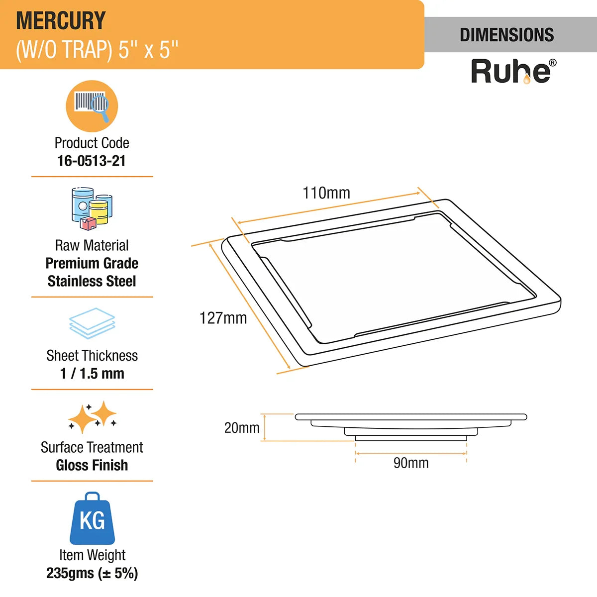 Mercury Square Premium Floor Drain (5 x 5 Inches) - by Ruhe