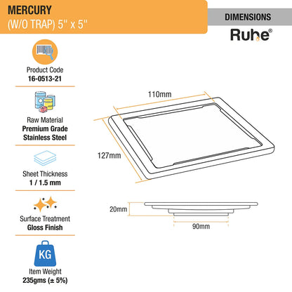 Mercury Square Premium Floor Drain (5 x 5 Inches) - by Ruhe
