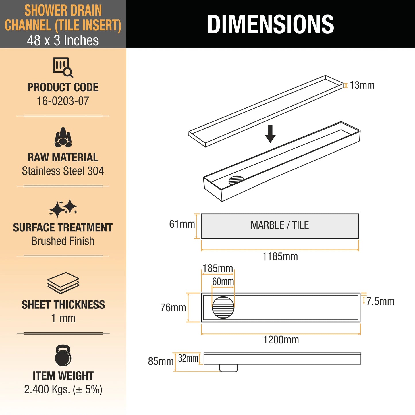 Tile-Insert Shower Drain Channel (3 Inches)