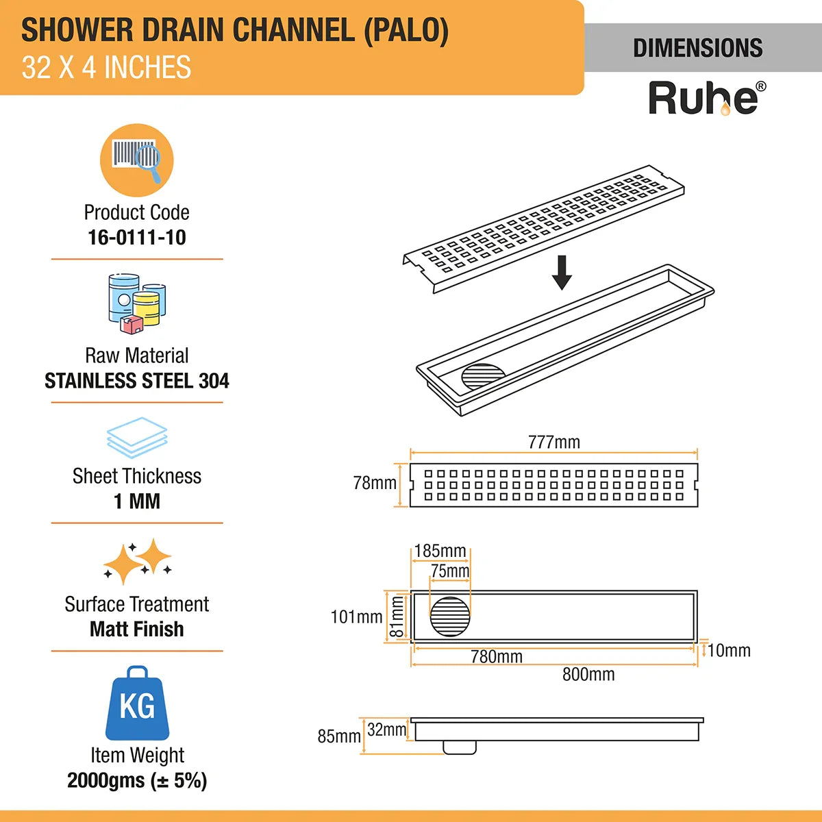 Palo Shower Drain Channel (4 Inches)