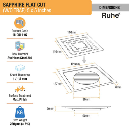 Sapphire Square Flat Cut 304-Grade Floor Drain (5 x 5 Inches) dimensions and sizes