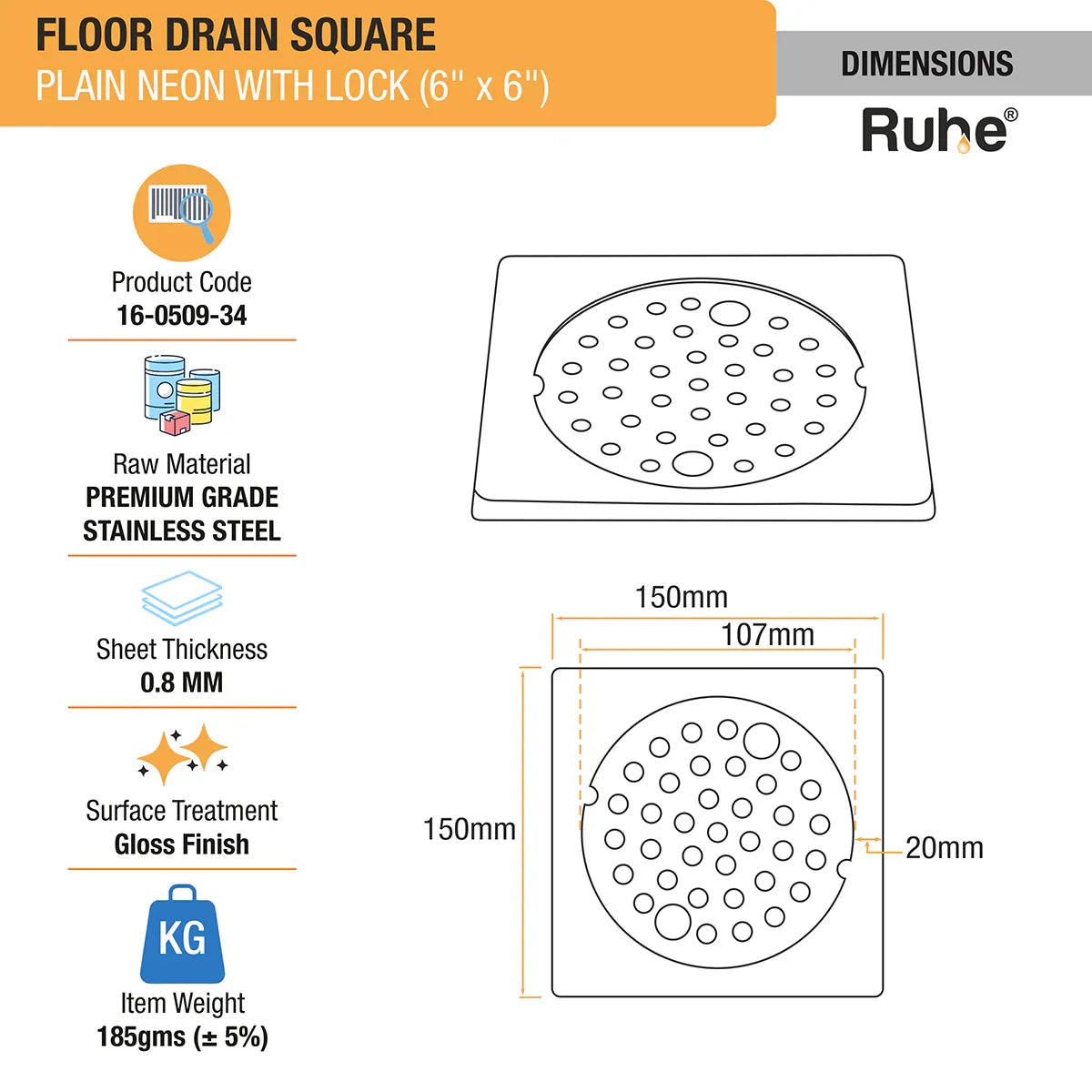 Plain Neon with Collar Square Floor Drain (6 x 6 inches) with Lock dimensions and size