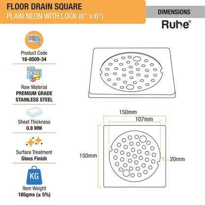 Plain Neon with Collar Square Floor Drain (6 x 6 inches) with Lock dimensions and size