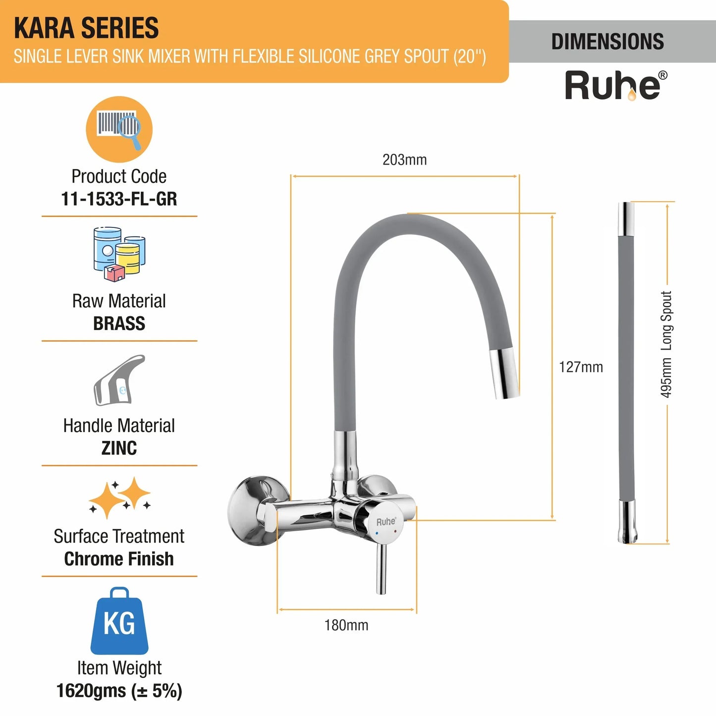 Kara Single Lever Wall-mount Kitchen Sink Mixer Tap with Coloured Silicone Spout