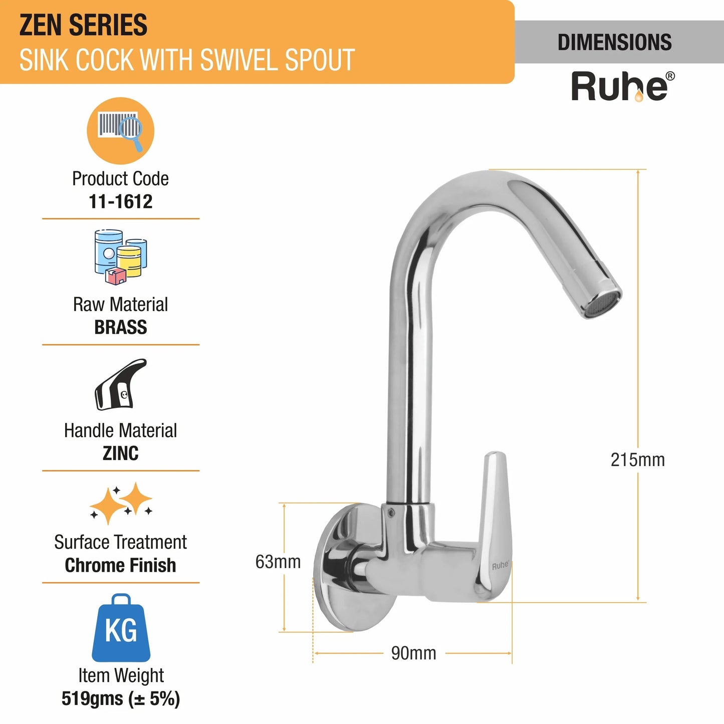 Zen Wall Mount Kitchen Sink Tap with Swivel Spout
