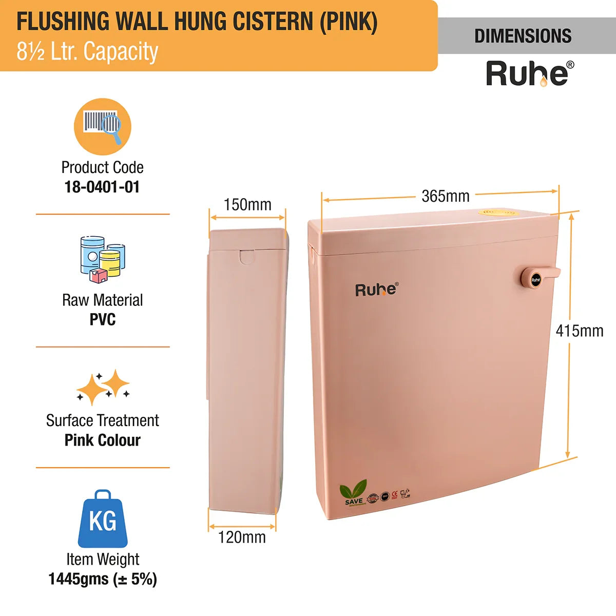 Flushing Wall Hung Cistern 8.5 Ltr. (Pink) dimensions and size