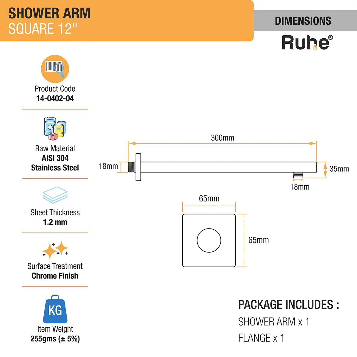 Square 304-Grade Shower Arm (12 Inches) with Flange dimensions and sizes