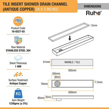 Tile-Insert Shower Drain Channel (3 Inches)
