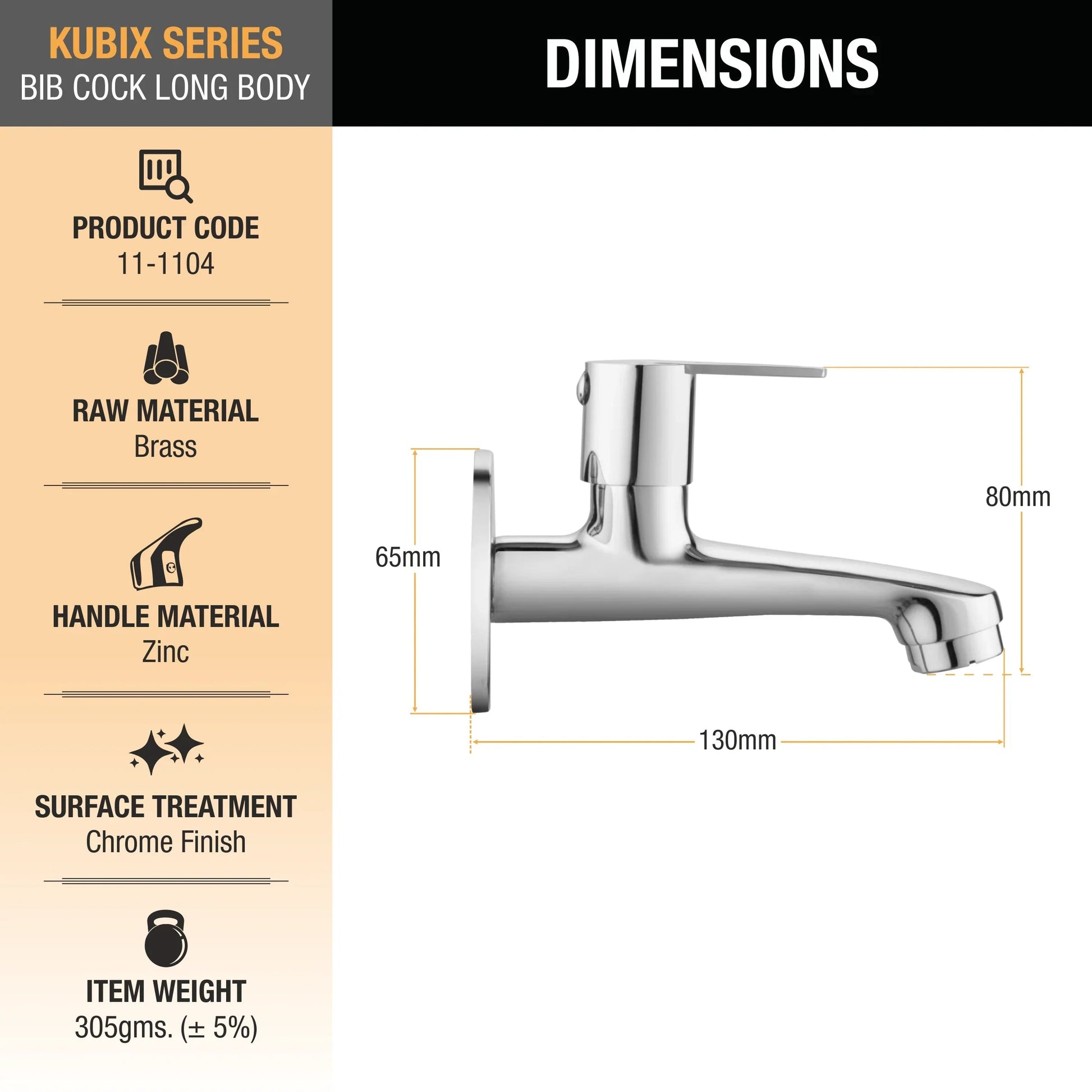 Kubix Bib Tap Long Body Brass Faucet dimensions and size